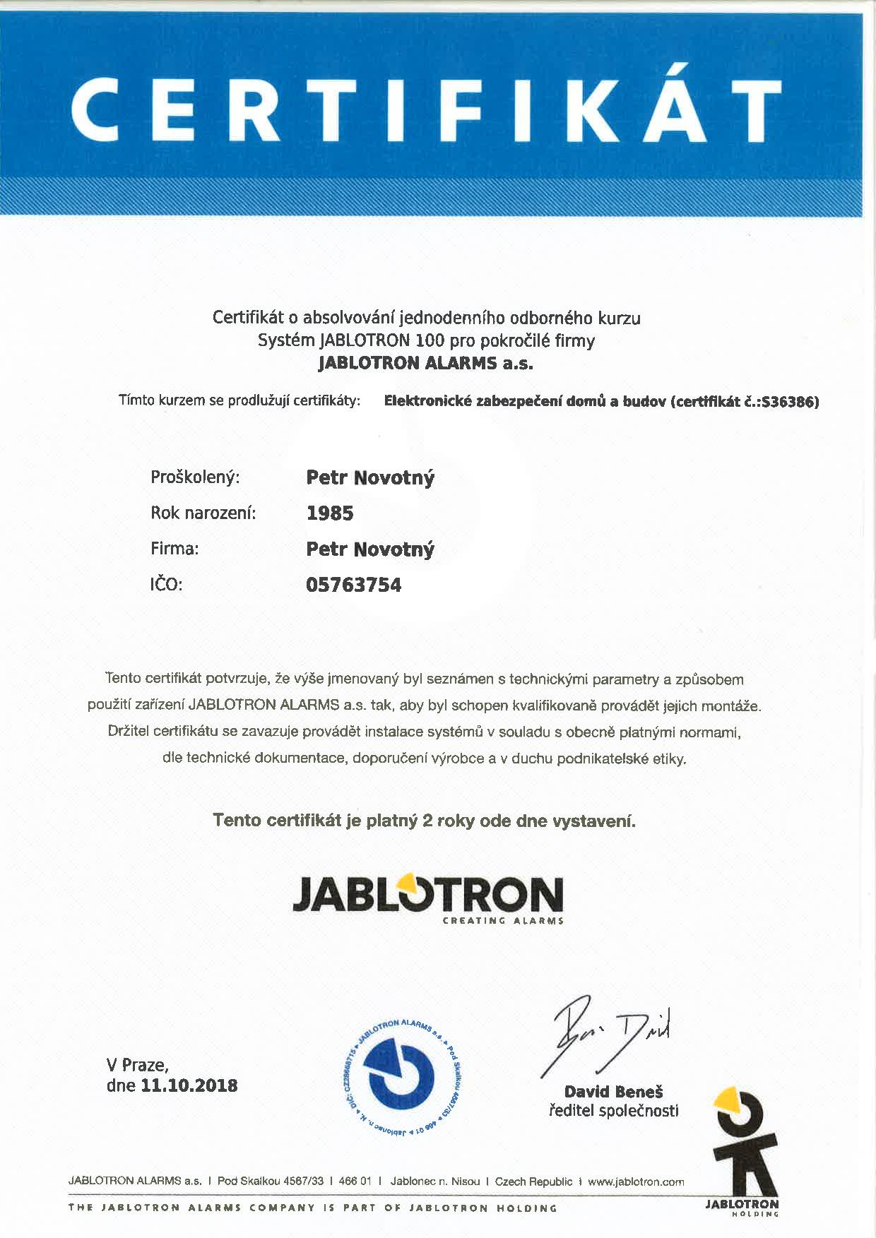 Jsem certifikovaným montážním partnerem společnosti JABLOTRON